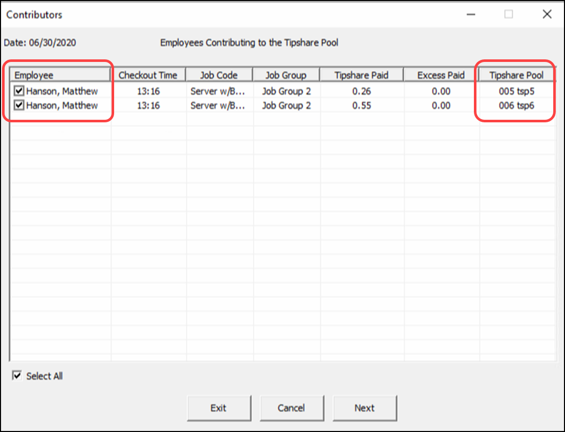 Sample employees contributing to the tipshare pool