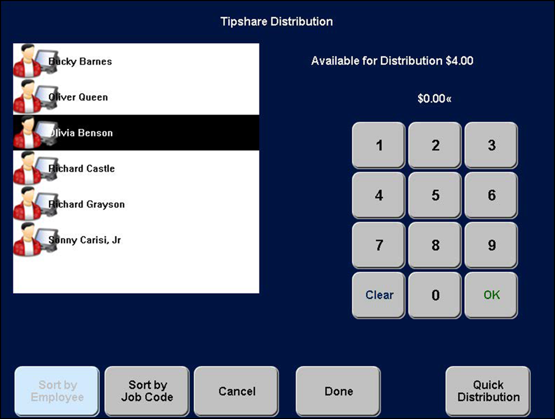 Sample tip share distribution recipients screen