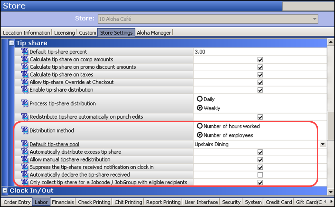 Sample screen of remaining tipshare options