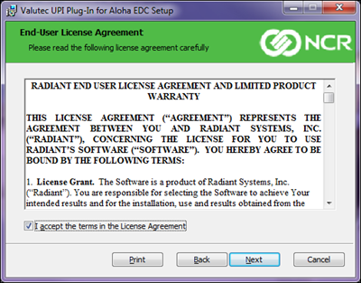 Valutec end user agreement screen