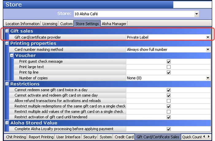 Store settings tab gift card