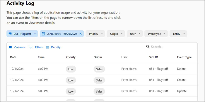Activity log landing page