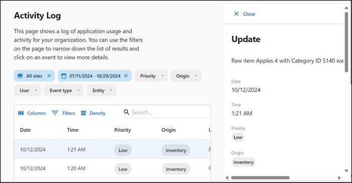 Activity log side panel