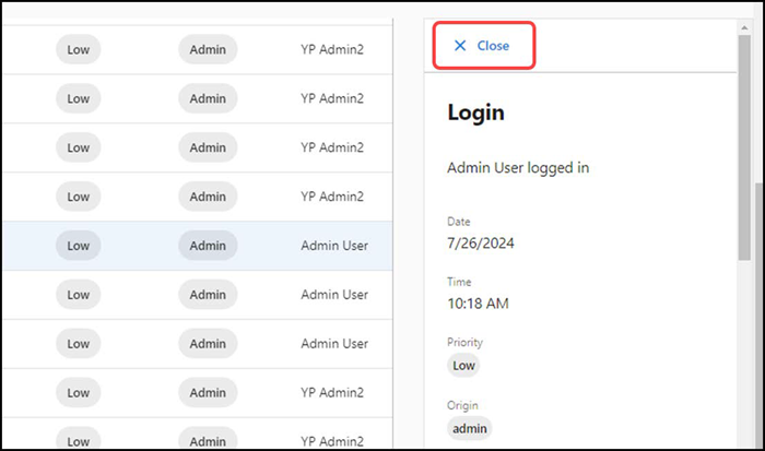 Activity log side panel close button