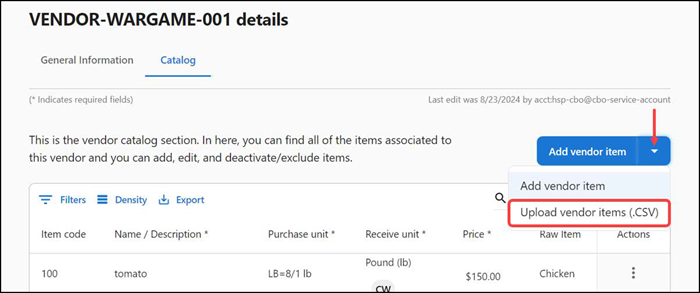Screen showing catalog tab