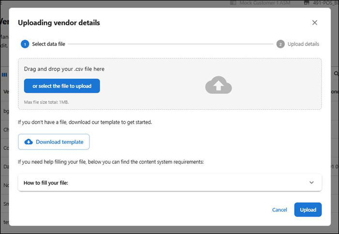 Uploading vendor details screen