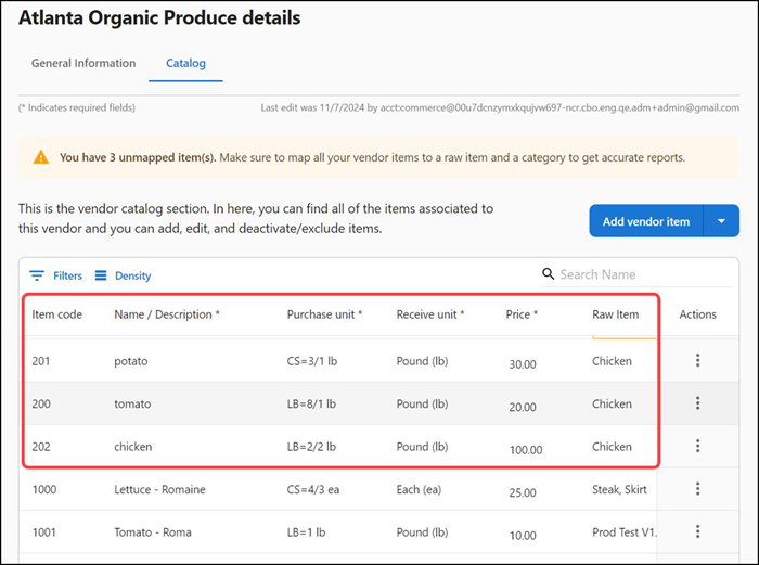 Vendor items successful upload