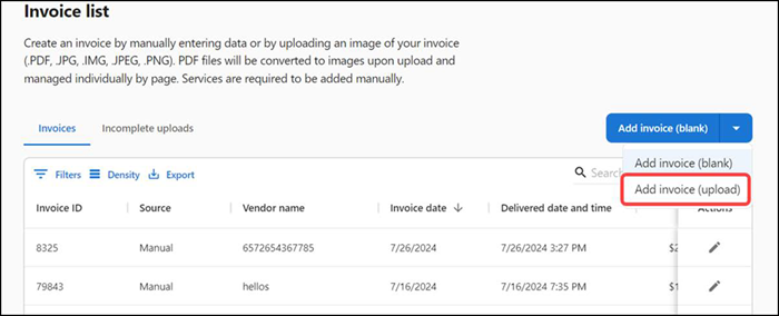 Invoice list screen