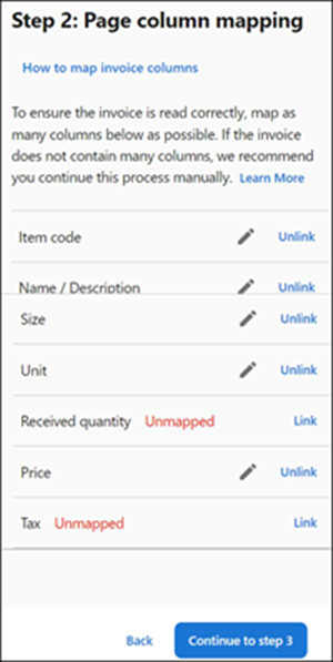 Screen showing the step two of invoice mapping, page column mapping