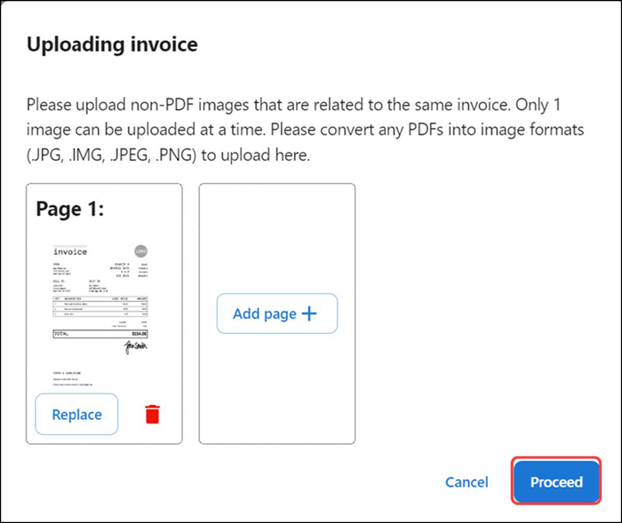 Screen showing how to upload invoice