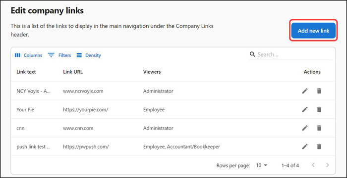 Edit company links screen