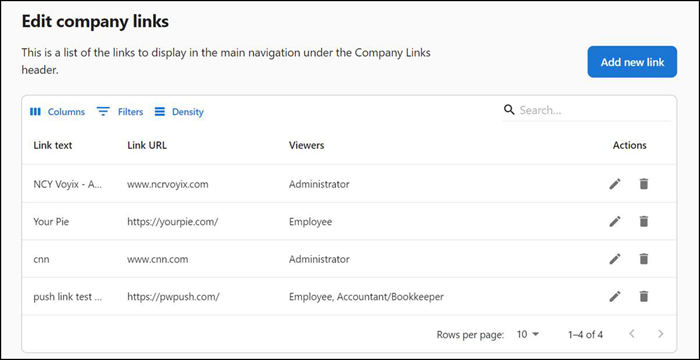 Company links screen