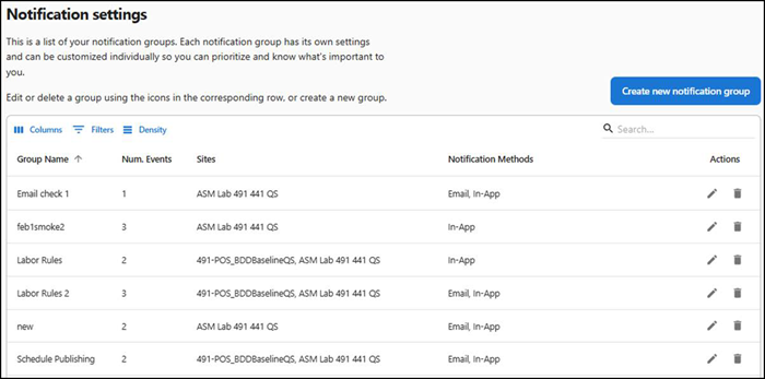 Notification settings screen