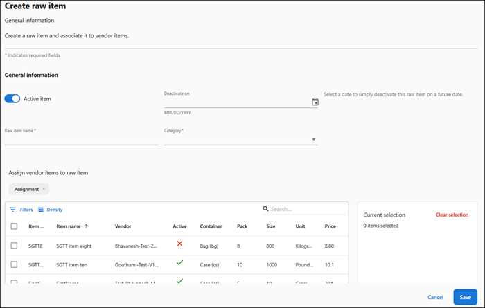 ‘Create raw item screen