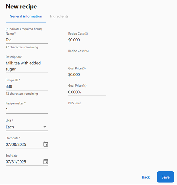Creating new recipe