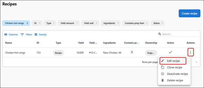 Edit recipe option from ‘Recipes’ home screen