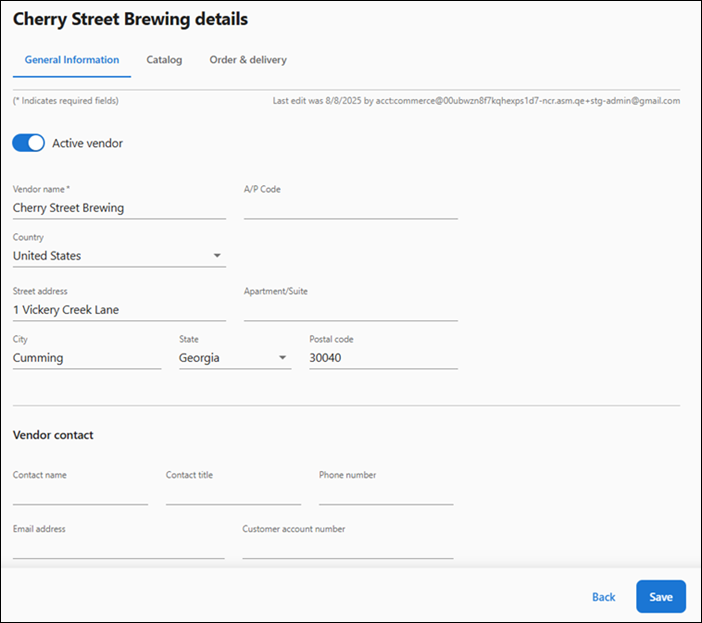 Editing general information of vendor