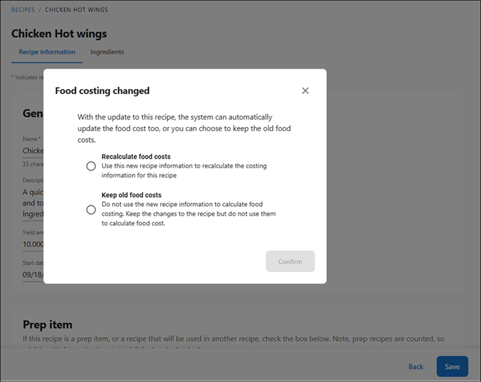 Updating food costing