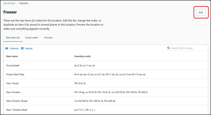 Inventory items set for counting - Location view