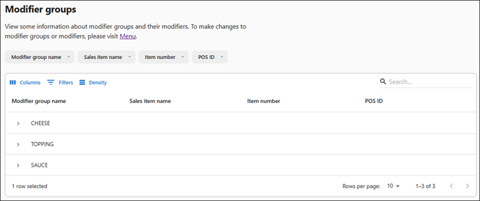Modifier groups screen