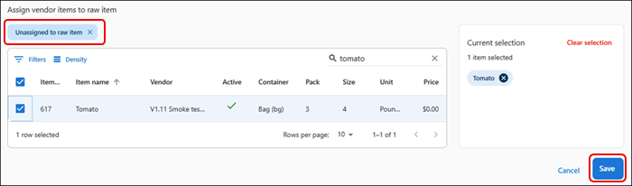 Assign vendor items to raw item