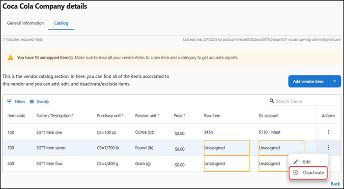 Vendor Details Catalog Tab