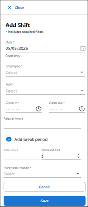 Add shift screen