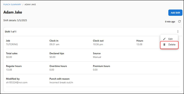 Delete shift details screen