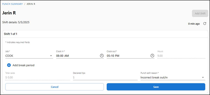 Edit shift details screen
