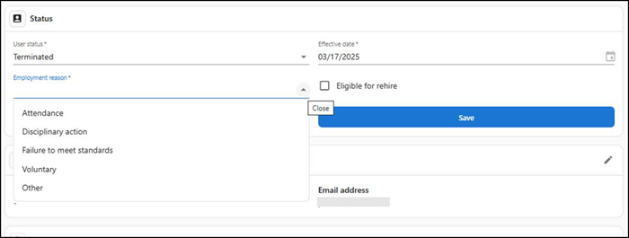 Employees termination screen