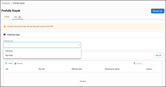 Employee type screen