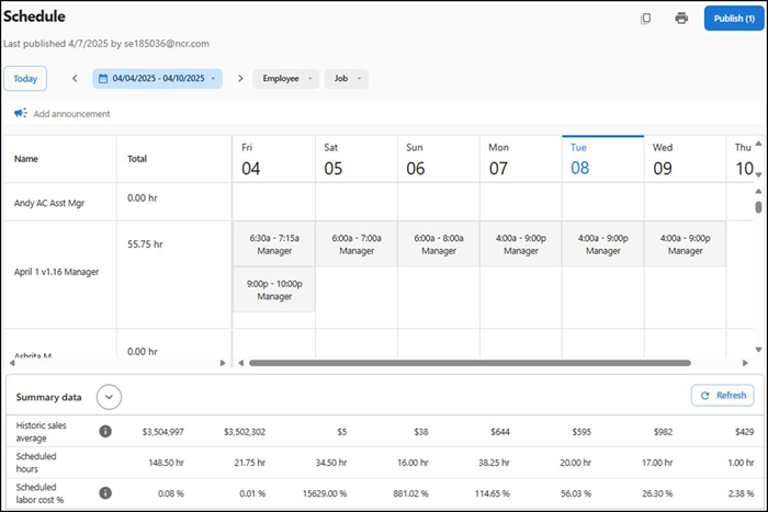 Schedule screen