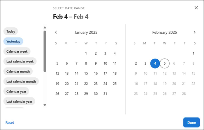 Screen showing calendar with options to select date