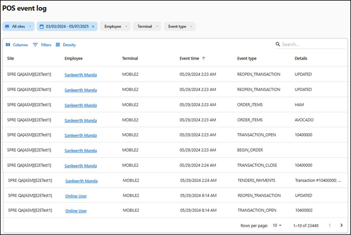 POS event log screen