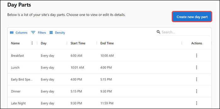 Screen to show a day part creation