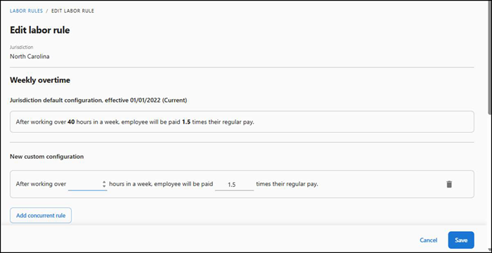 Edit labor rule screen