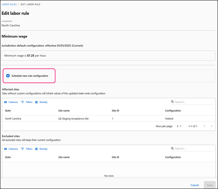 Screen showing edit labor rule
