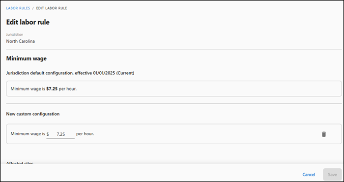 Screen showing edit labor rule