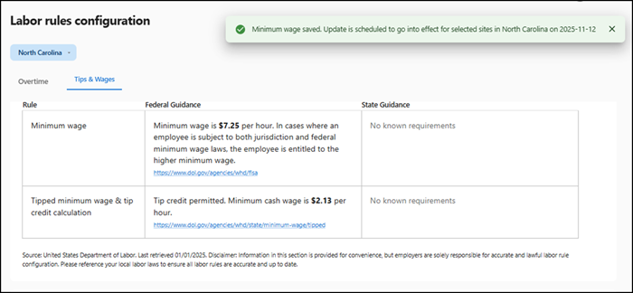 Message showing edited labor rule