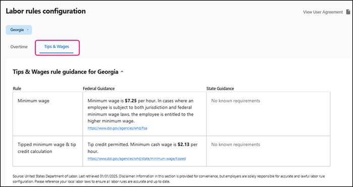 Screen showing tips and wages