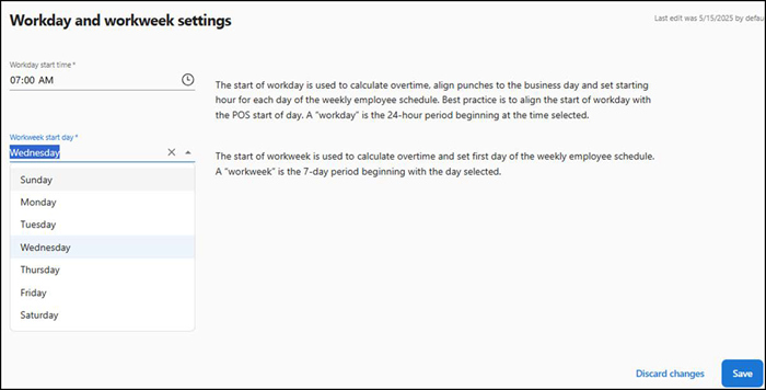 Workweek settings screen