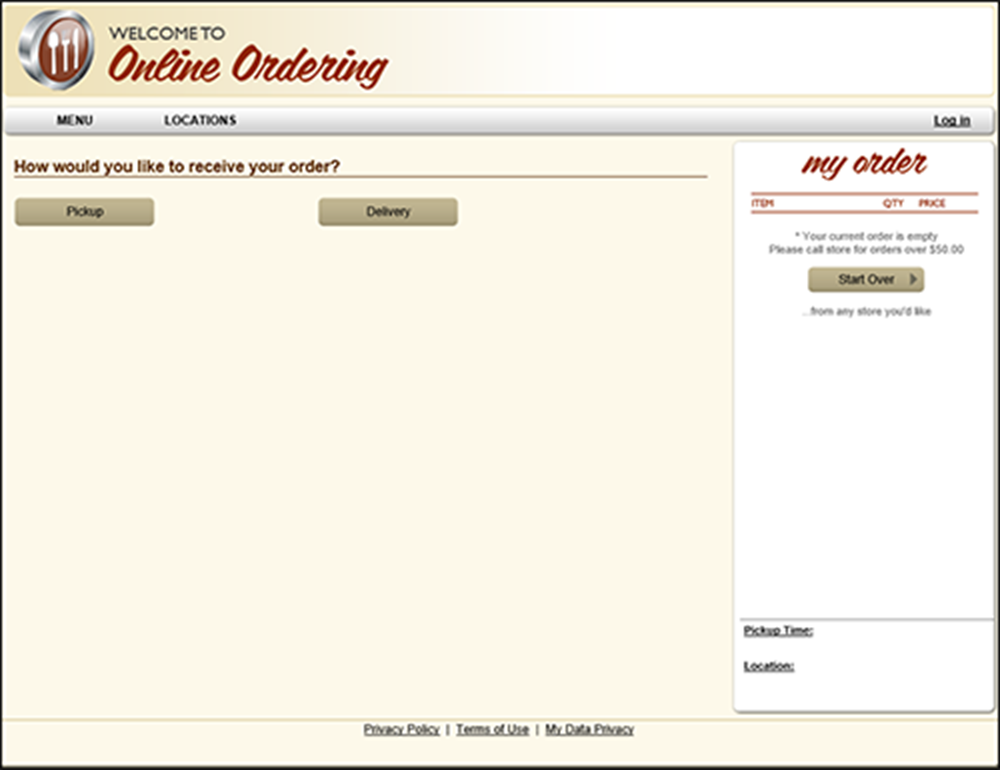 Example welcome screen for online ordering