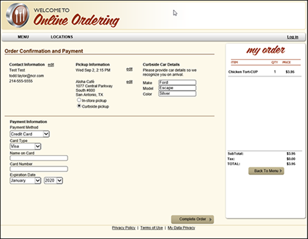 Example screen of online ordering complete order confirmation