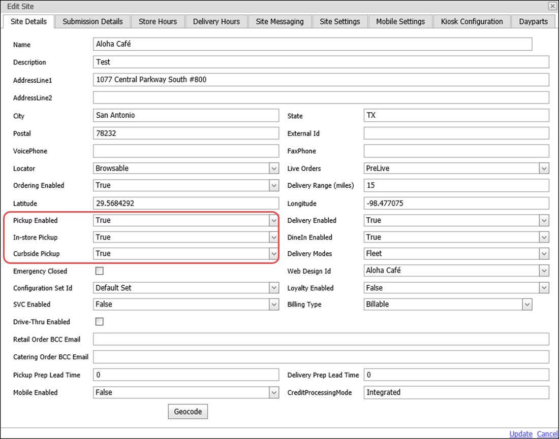 Sites tab in sites setup function in configuration