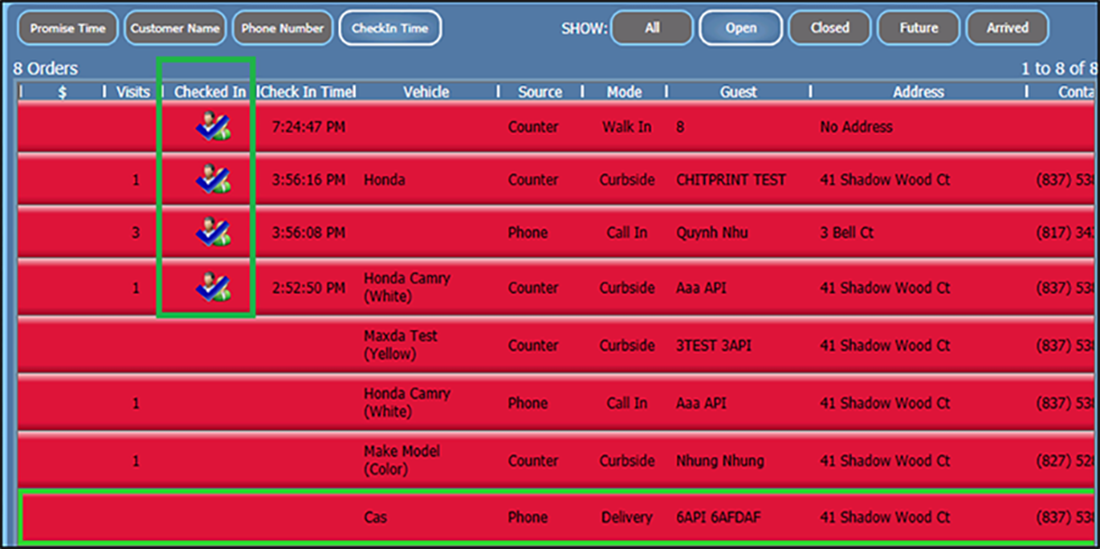 Open orders screen showing checked in column