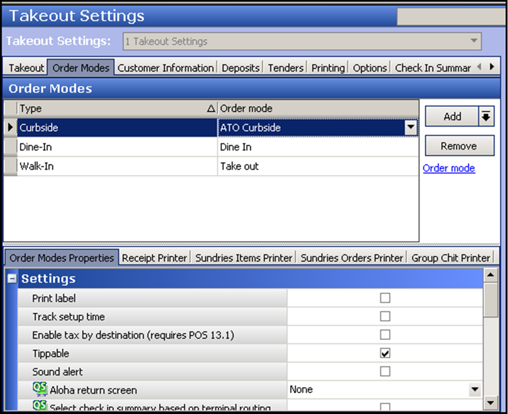 Order mode tab in takeout configuration in maintenance