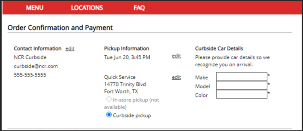 Example for order confirmation and payment screen