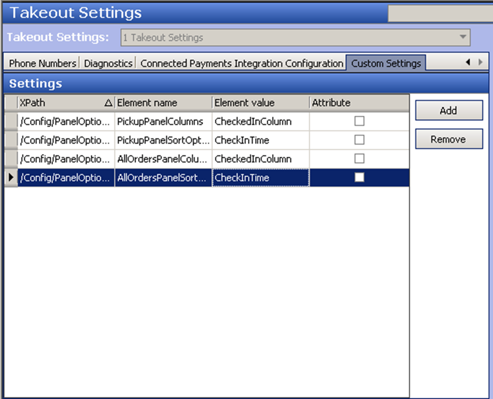 Custom settings tab of takeout settings in takeout configuration