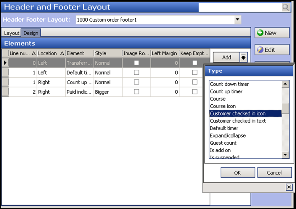 Design tab in header and footer layout of kitchen configuration