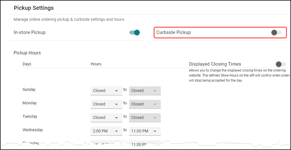 Order mode settings tab in sites of site settings